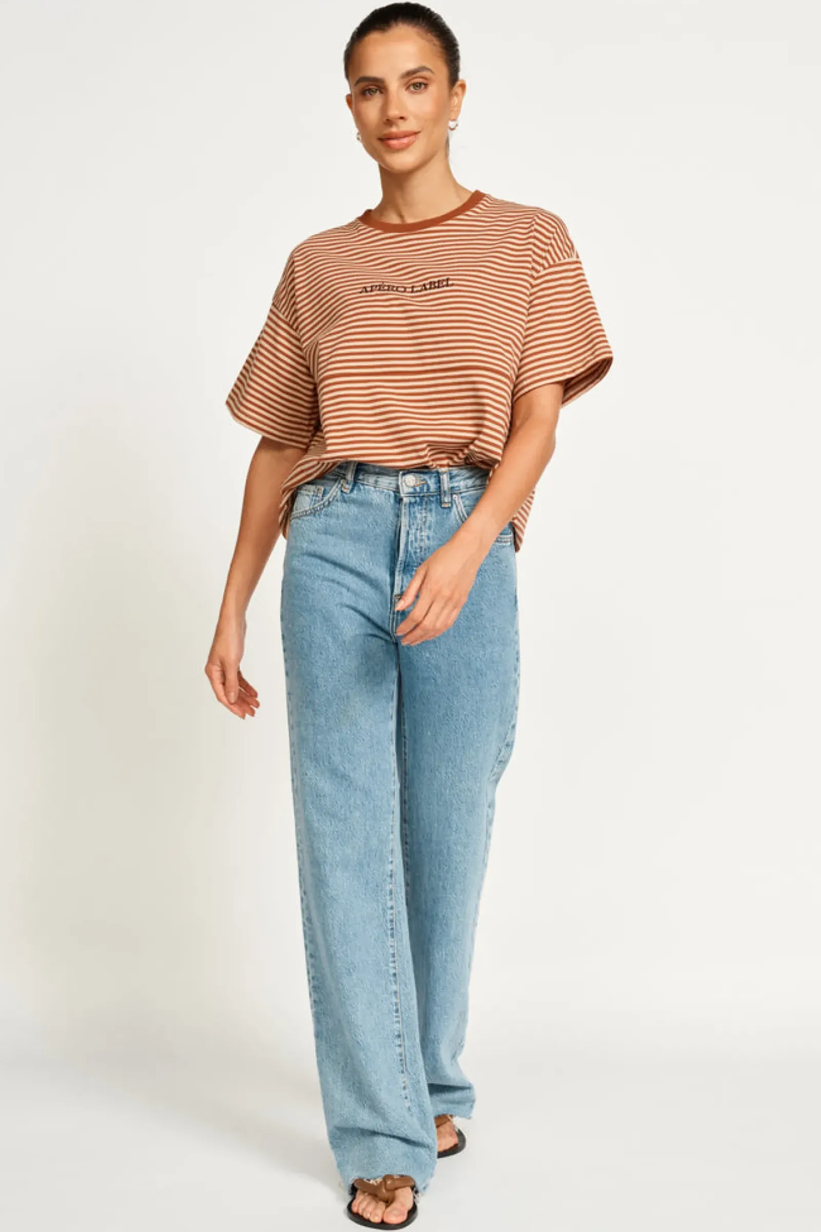 Women Apero Vintage Drop Shoulder Cropped Tee - Brown/Tan Stripe