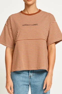 Women Apero Vintage Drop Shoulder Cropped Tee - Brown/Tan Stripe