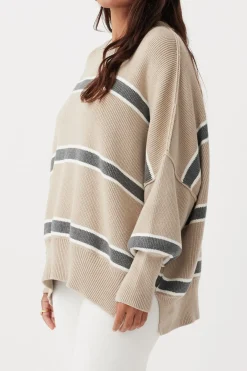 Women ARCAA Harper Stripe Sweater - Taupe, Cream & Dark Grey Marle