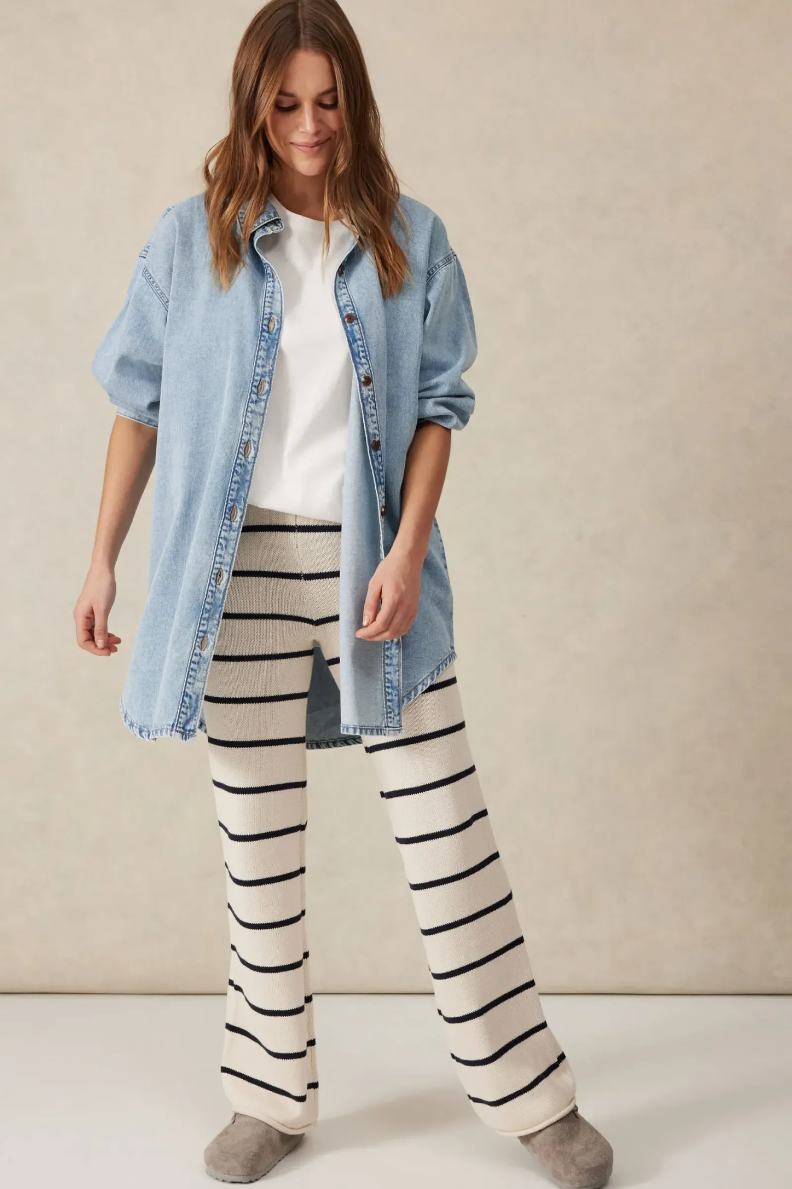 Women Ceres Life Bootleg Knit Pant - Ecru/Navy Stripe