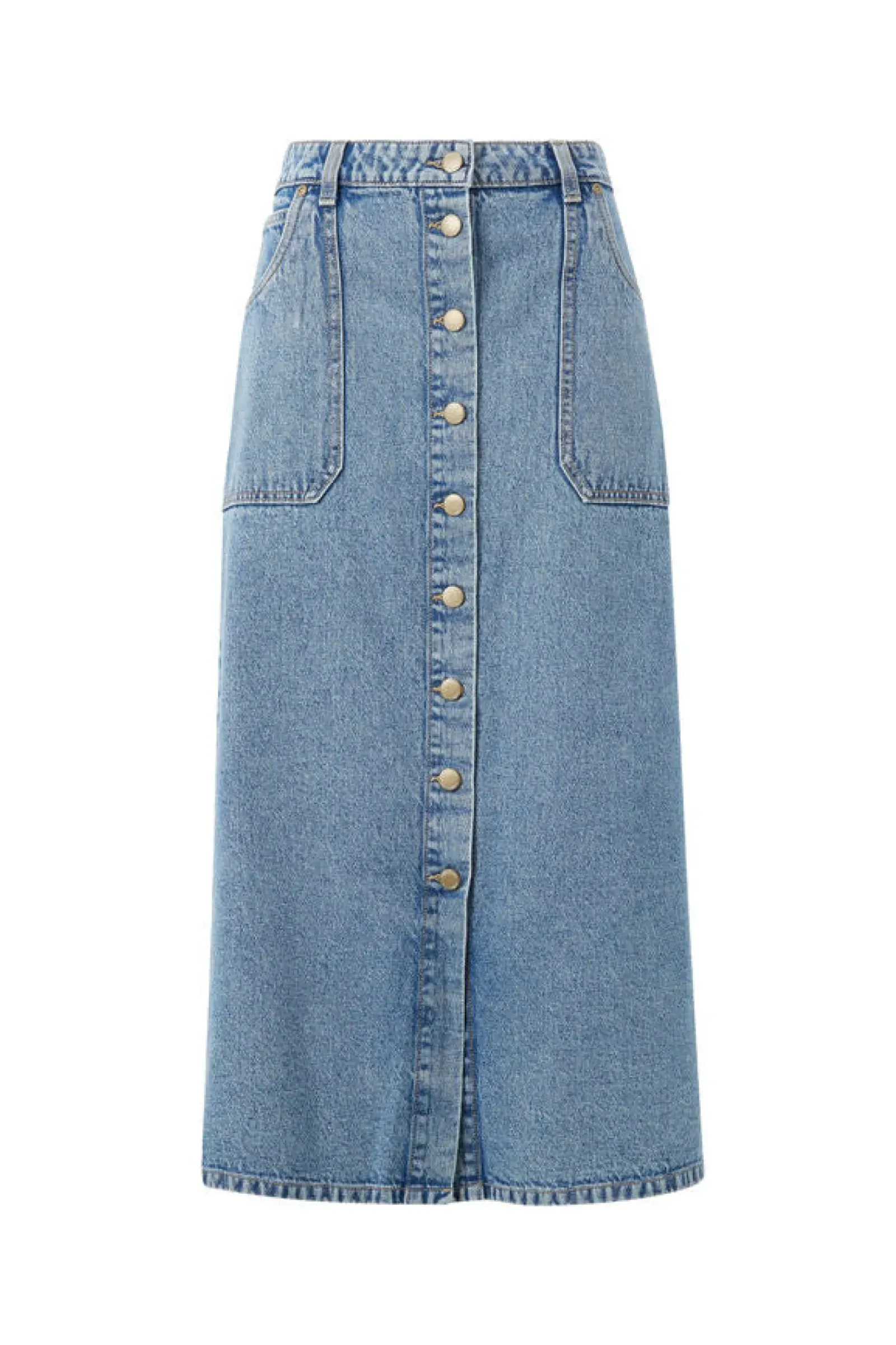 Women Ceres Life Button Through Denim Midi Skirt - Mid Vintage Blue