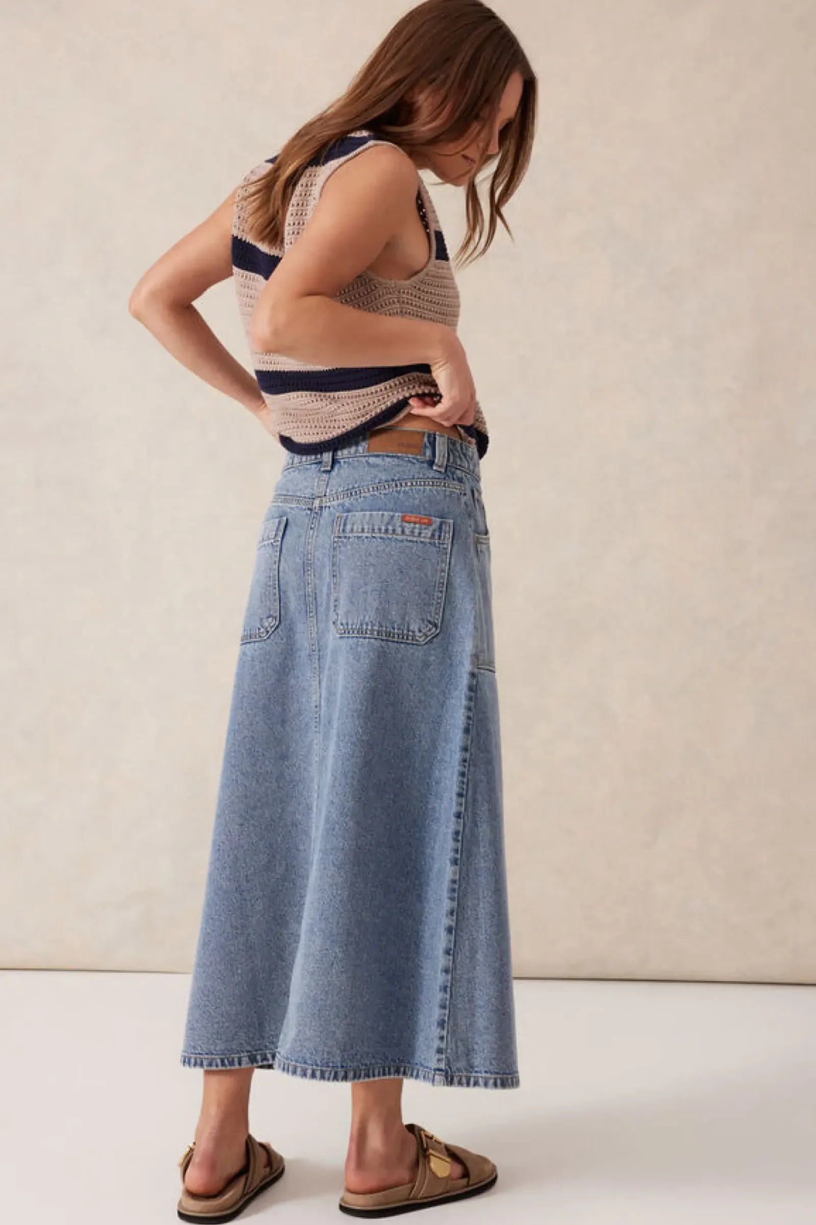 Women Ceres Life Button Through Denim Midi Skirt - Mid Vintage Blue