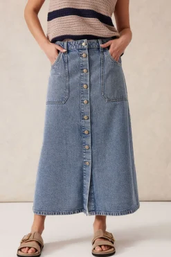 Women Ceres Life Button Through Denim Midi Skirt - Mid Vintage Blue