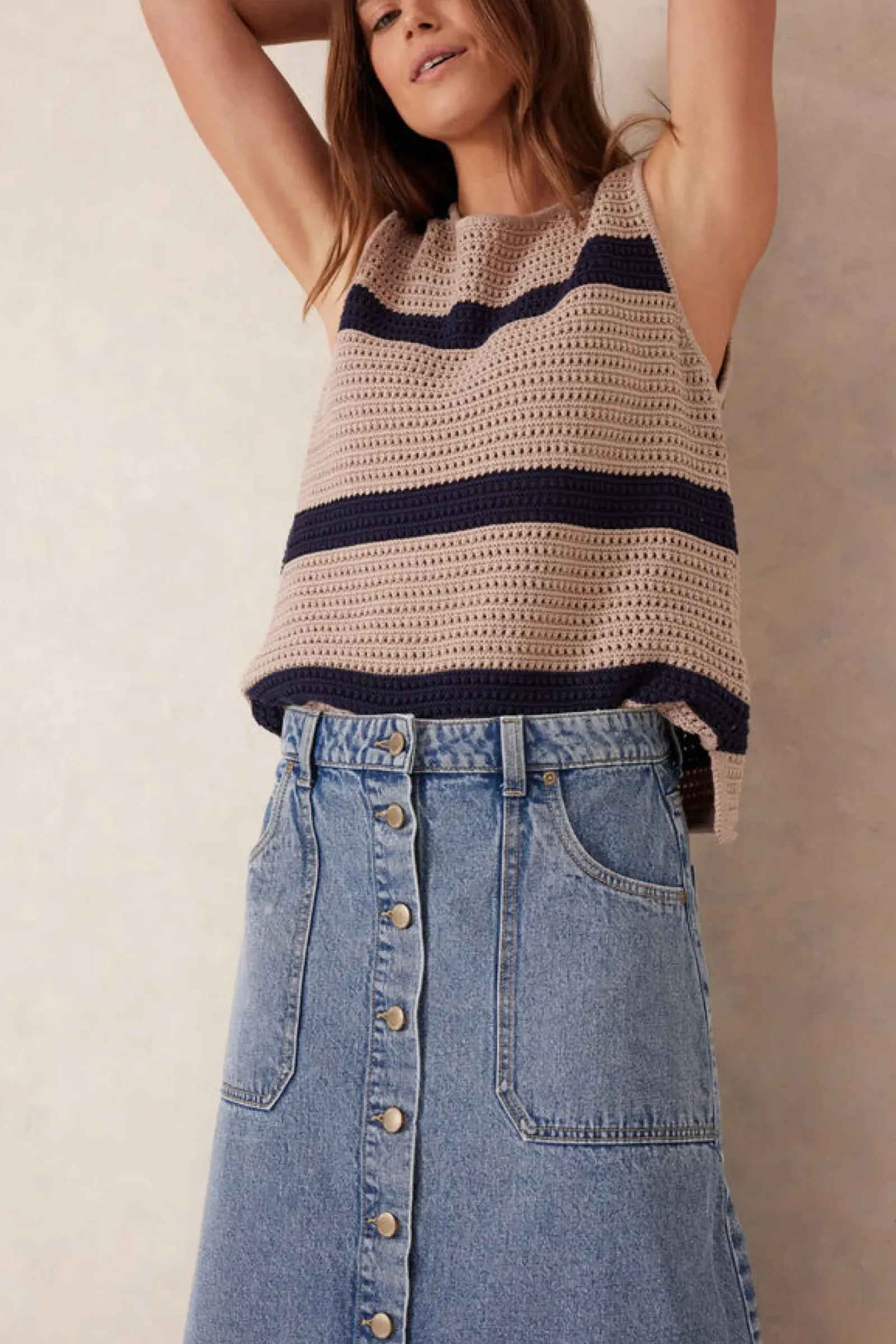 Women Ceres Life Button Through Denim Midi Skirt - Mid Vintage Blue