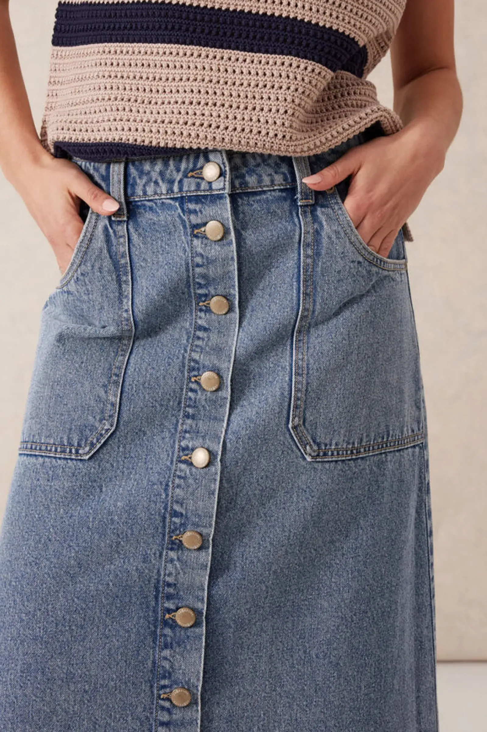 Women Ceres Life Button Through Denim Midi Skirt - Mid Vintage Blue