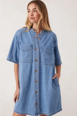 Women Ceres Life Collarless Relaxed Short Sleeve Denim Dress - Vintage Blue