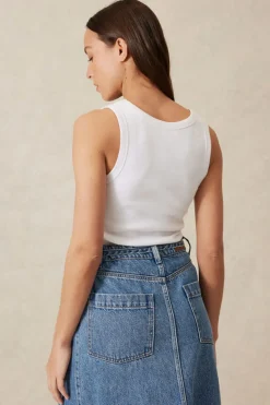 Women Ceres Life Contour Rib Scoop Tank - White/Black Monogram Embroidery