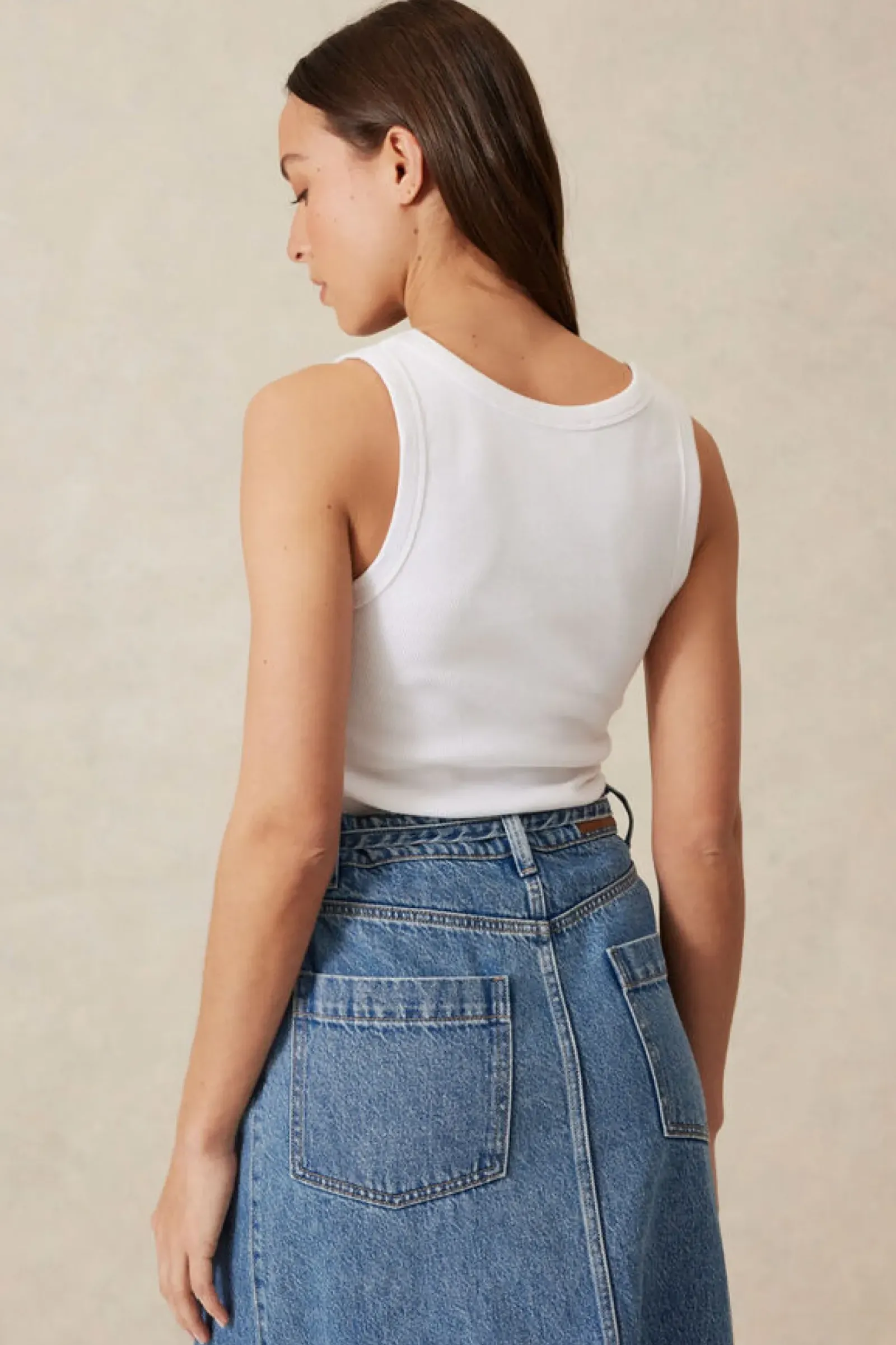 Women Ceres Life Contour Rib Scoop Tank - White/Black Monogram Embroidery