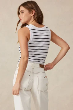 Women Ceres Life Contour Rib Scoop Tank - White/New Navy Monogram Embroidery