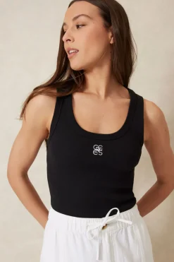 Women Ceres Life Contour Rib Scoop Tank - Black/White Monogram Embroidery