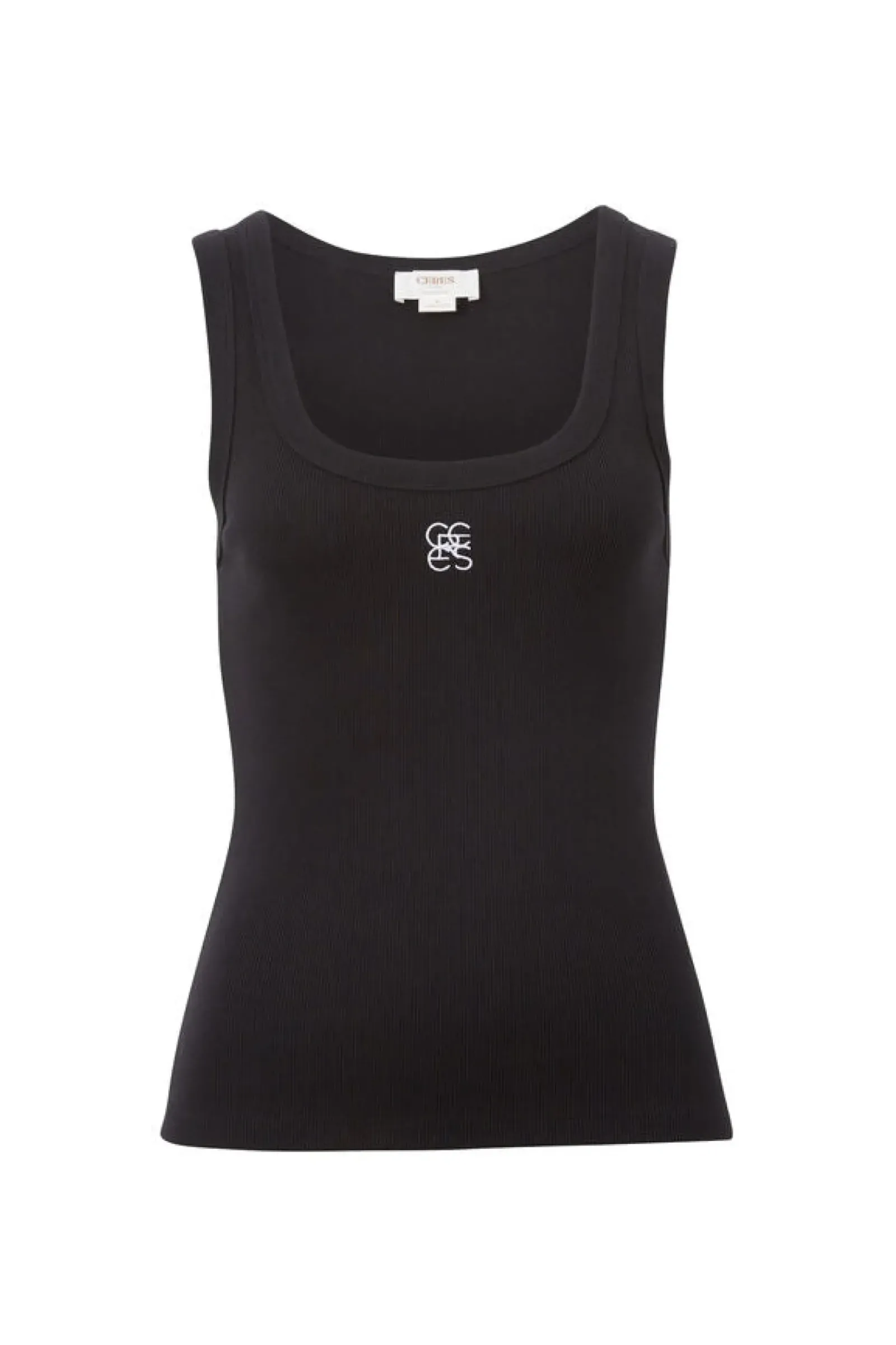 Women Ceres Life Contour Rib Scoop Tank - Black/White Monogram Embroidery