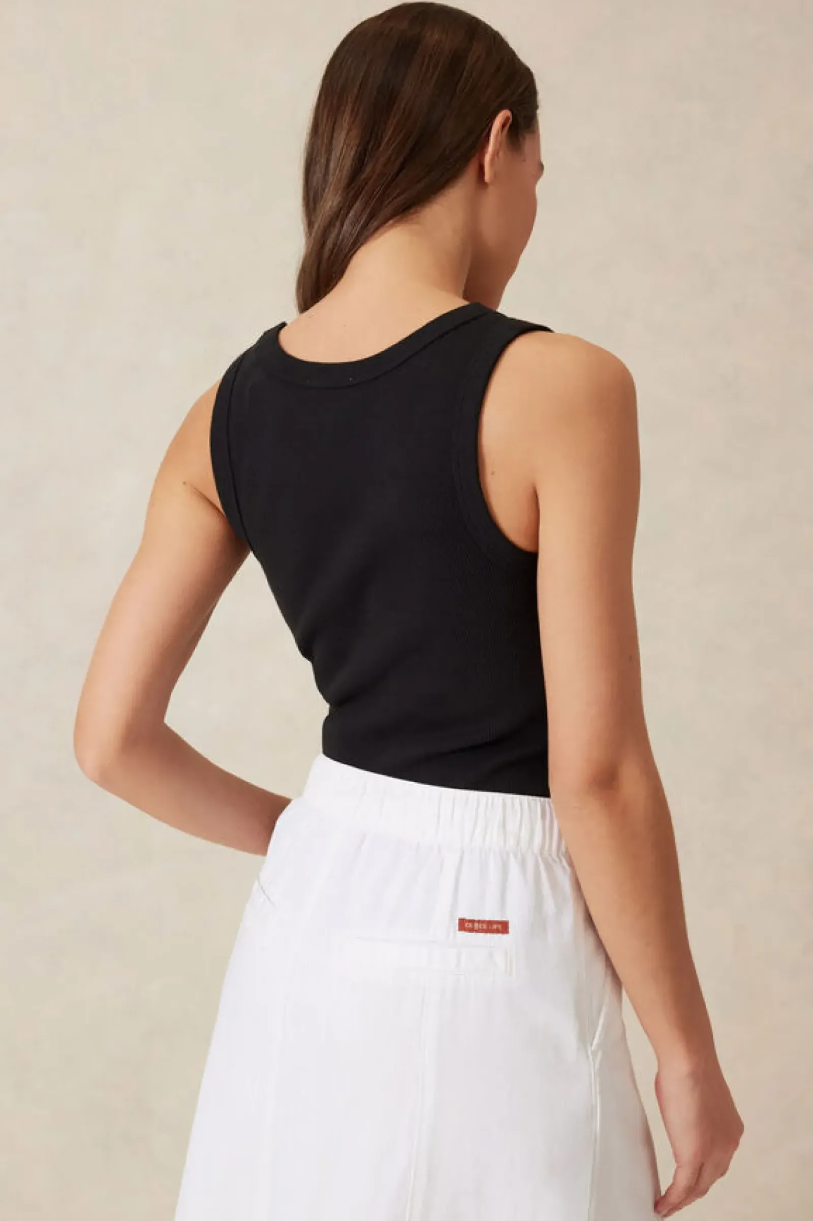 Women Ceres Life Contour Rib Scoop Tank - Black/White Monogram Embroidery