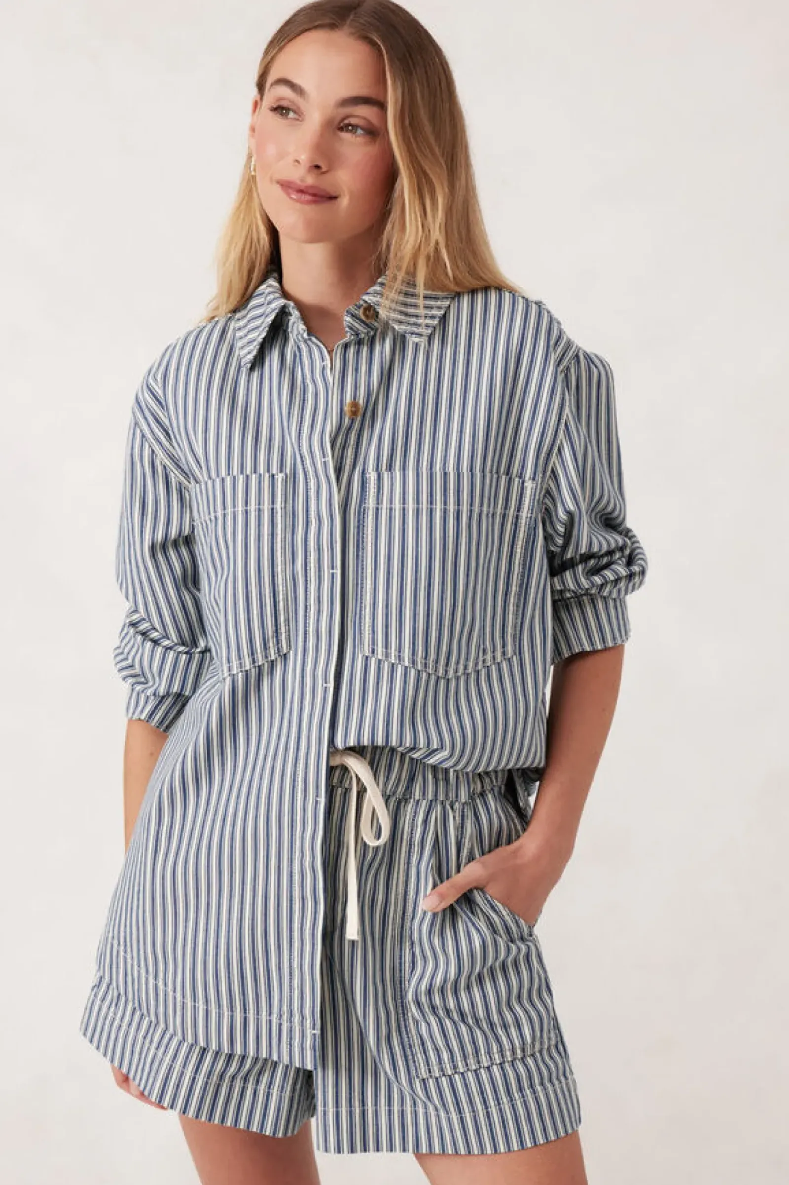 Women Ceres Life Curved Hem Shacket - Lagoon Blue Stripe