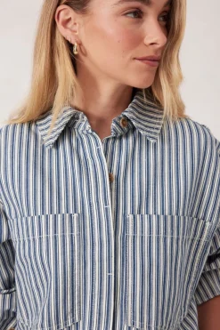 Women Ceres Life Curved Hem Shacket - Lagoon Blue Stripe