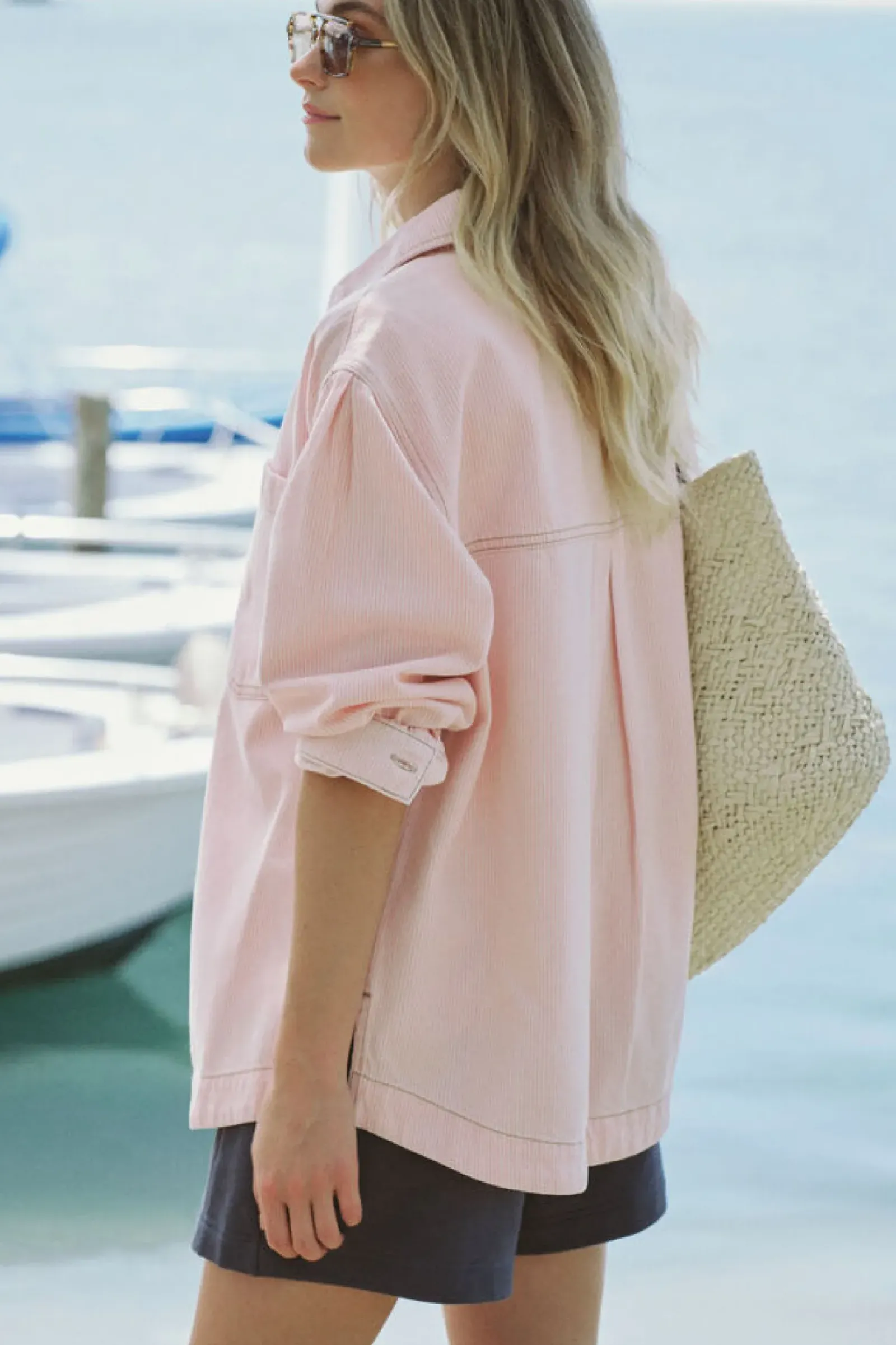 Women Ceres Life Curved Hem Shacket - Washed Coral Stripe