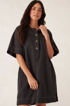 Women Ceres Life Half Placket Tunic Dress- Black Twill