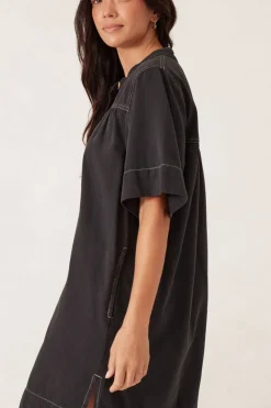 Women Ceres Life Half Placket Tunic Dress- Black Twill