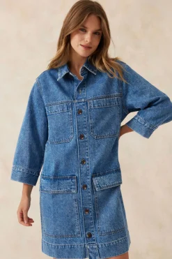 Women Ceres Life Half Sleeve Boxy Shirt Dress - Fresh Indigo Denim