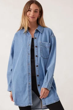 Women Ceres Life Longline Panelled Denim Shirt - Mid Vintage Blue