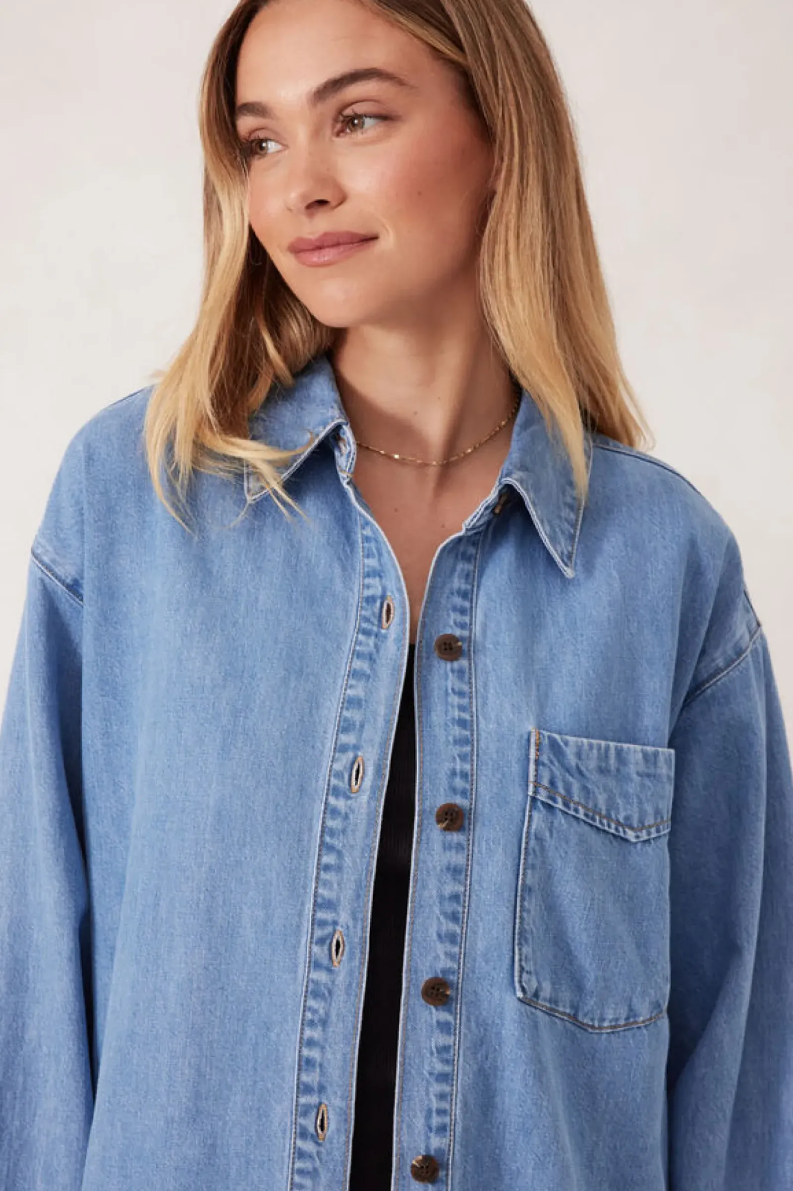 Women Ceres Life Longline Panelled Denim Shirt - Mid Vintage Blue