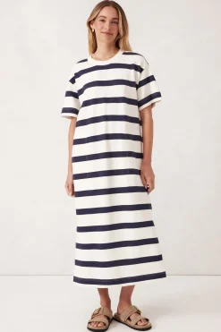 Women Ceres Life Midi Terry Dress - White Navy Bold Stripe