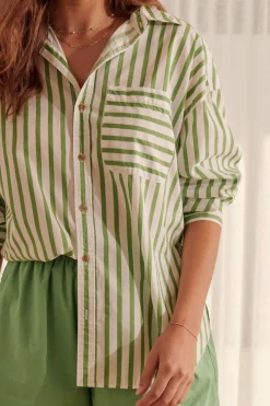 Women Ceres Life Oversized Organic Cotton Poplin Shirt - Splash Green White Stripe