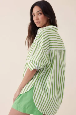 Women Ceres Life Oversized Organic Cotton Poplin Shirt - Splash Green White Stripe