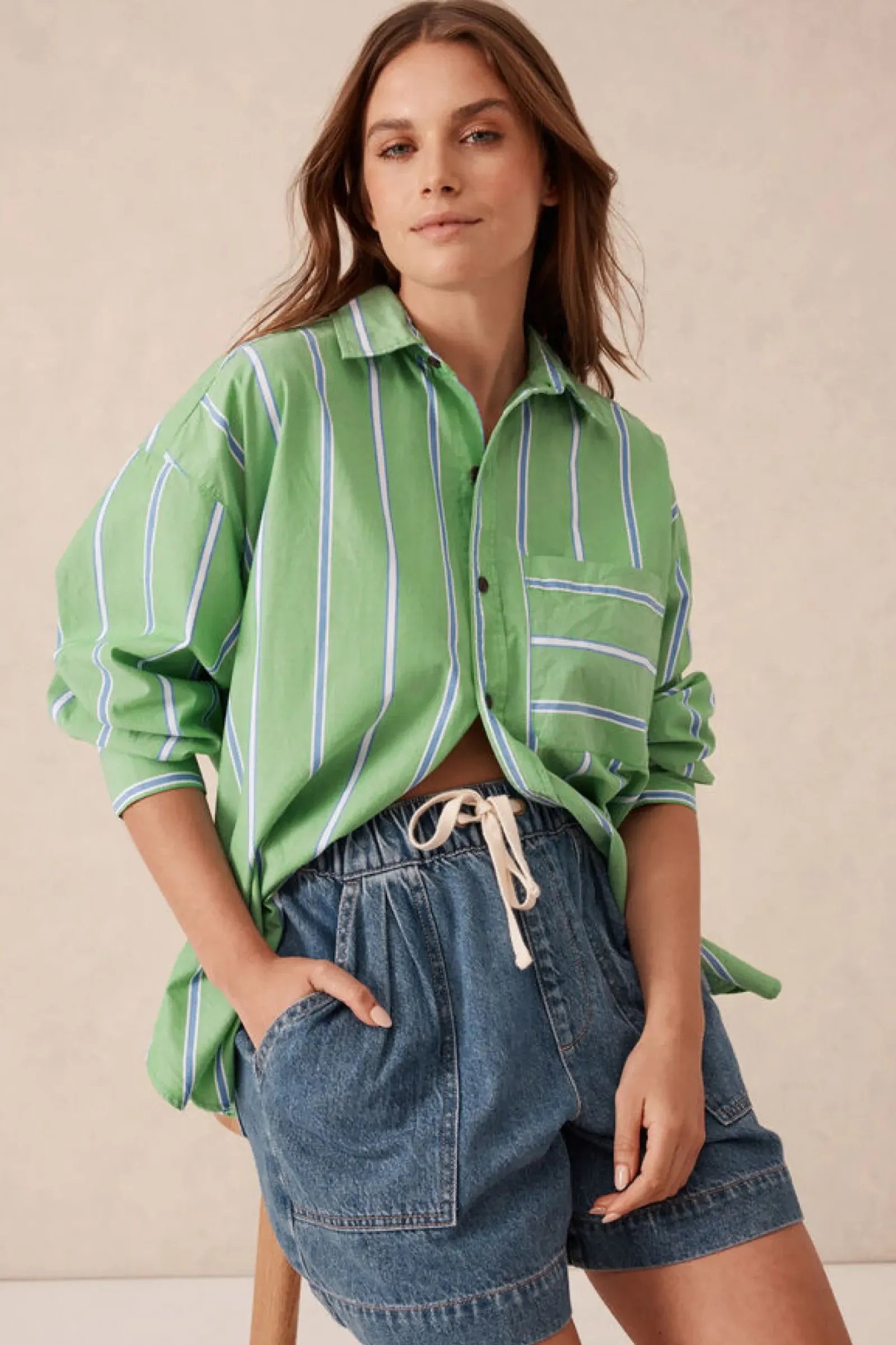Women Ceres Life Oversized Organic Cotton Poplin Shirt - Grass Green Oxford Blue Stripe