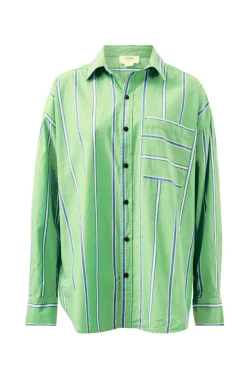 Women Ceres Life Oversized Organic Cotton Poplin Shirt - Grass Green Oxford Blue Stripe