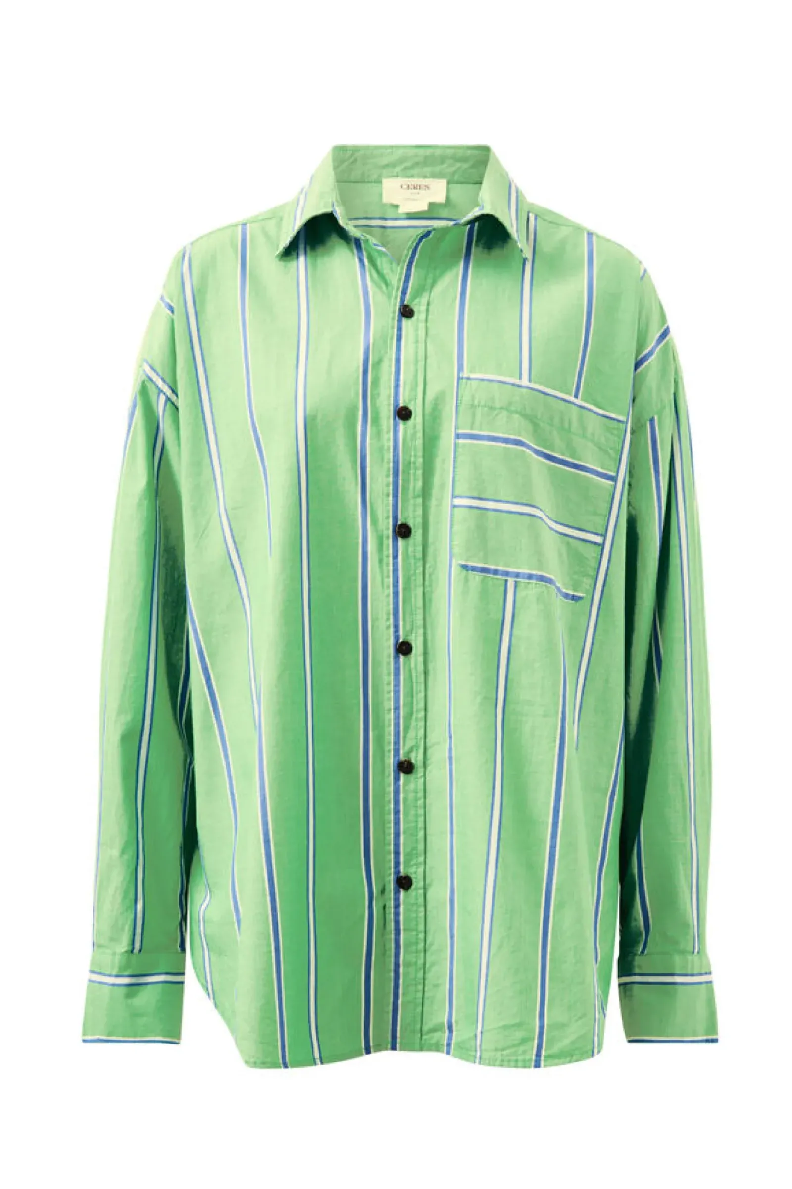 Women Ceres Life Oversized Organic Cotton Poplin Shirt - Grass Green Oxford Blue Stripe