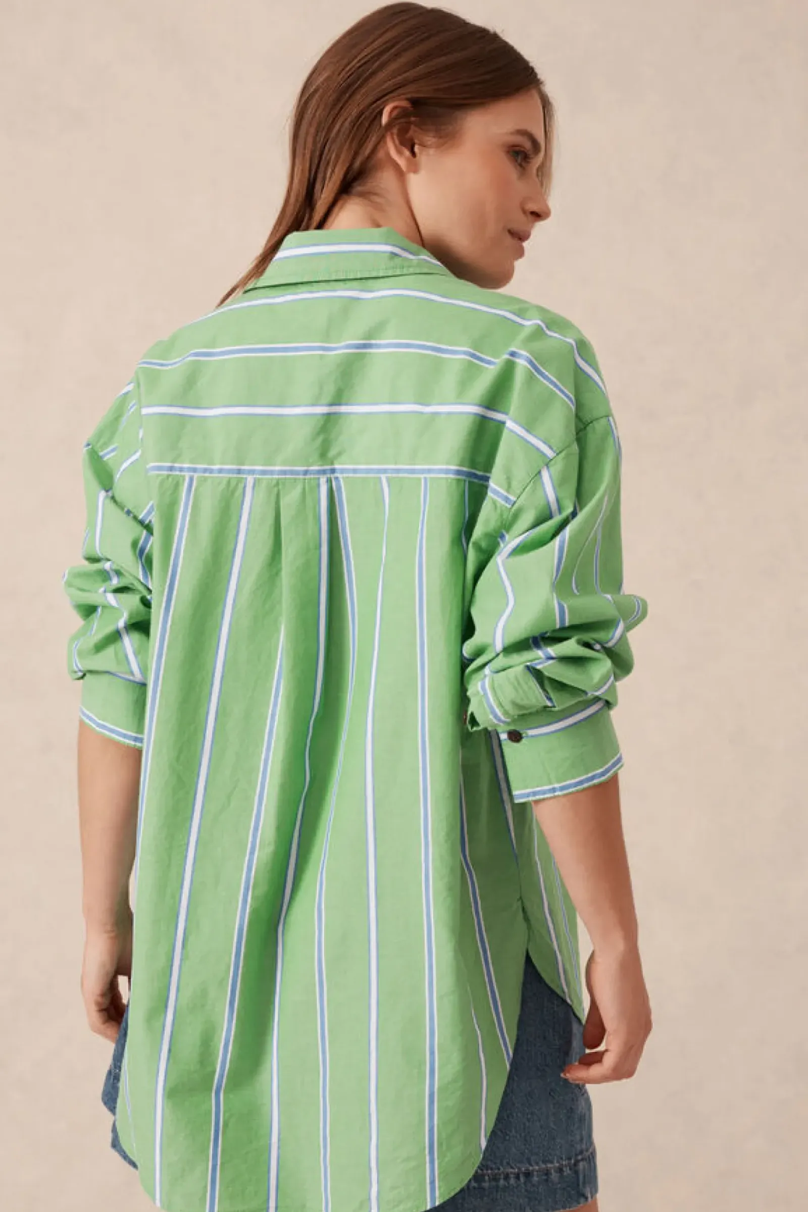 Women Ceres Life Oversized Organic Cotton Poplin Shirt - Grass Green Oxford Blue Stripe