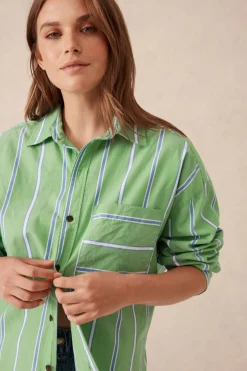 Women Ceres Life Oversized Organic Cotton Poplin Shirt - Grass Green Oxford Blue Stripe