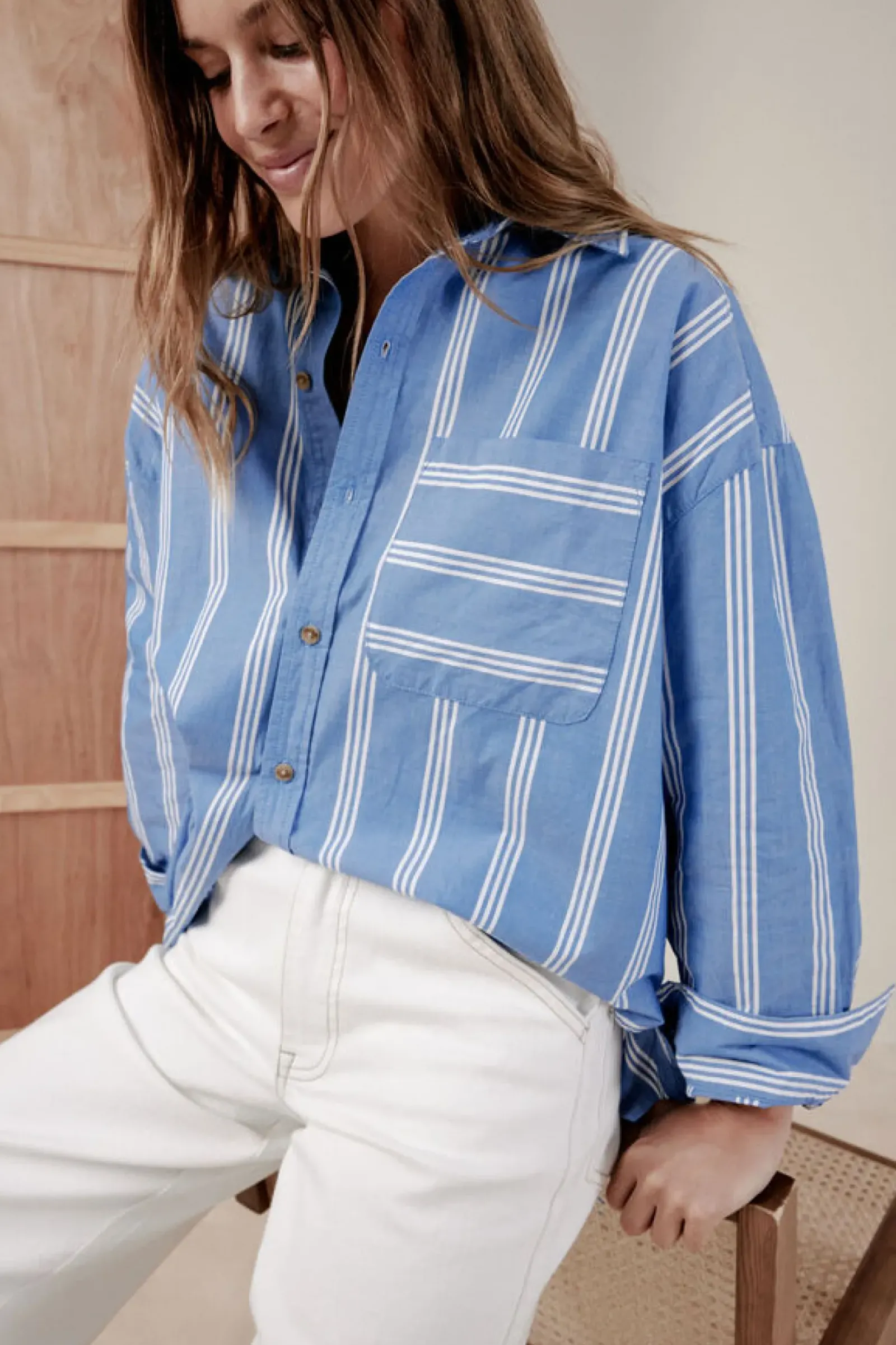 Women Ceres Life Oversized Organic Cotton Poplin Shirt - Blue White Triple Stripe