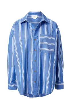 Women Ceres Life Oversized Organic Cotton Poplin Shirt - Blue White Triple Stripe