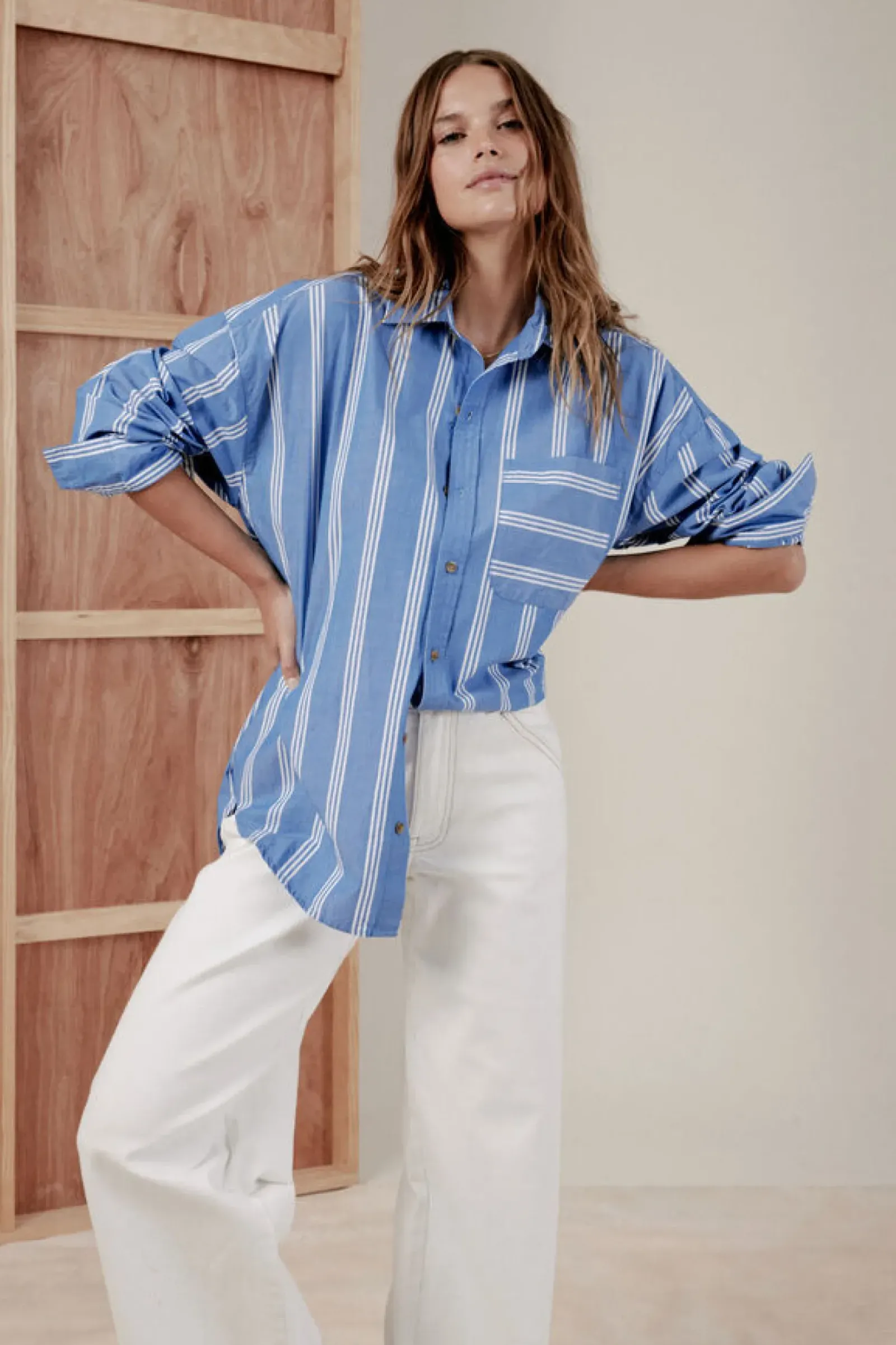 Women Ceres Life Oversized Organic Cotton Poplin Shirt - Blue White Triple Stripe