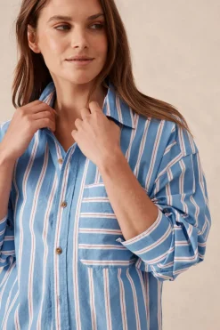 Women Ceres Life Oversized Organic Cotton Poplin Shirt - Blue White Red Stripe