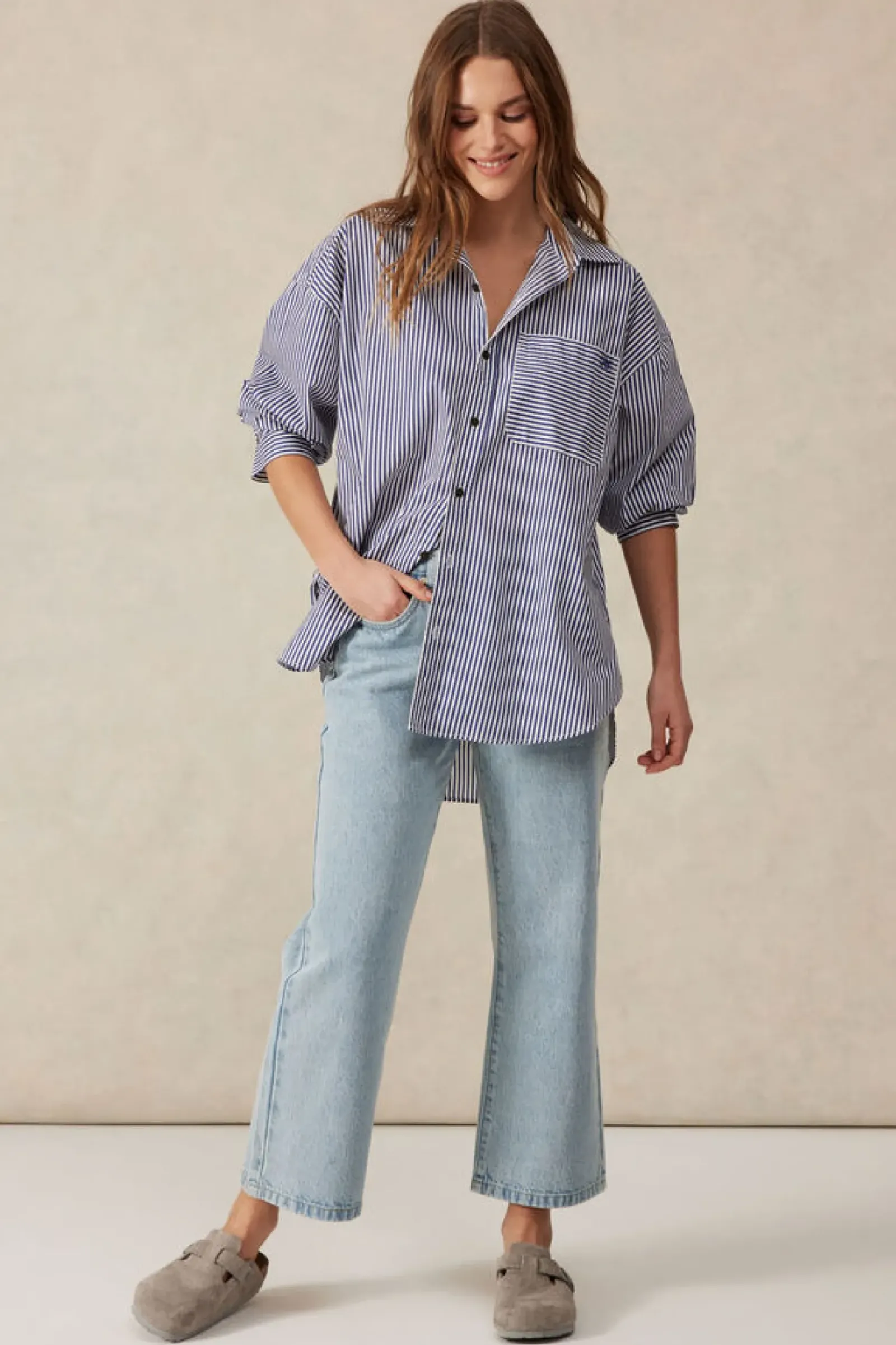 Women Ceres Life Oversized Organic Cotton Poplin Shirt - College Blue White Narrow Stripe
