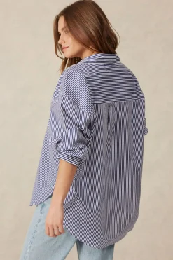 Women Ceres Life Oversized Organic Cotton Poplin Shirt - College Blue White Narrow Stripe