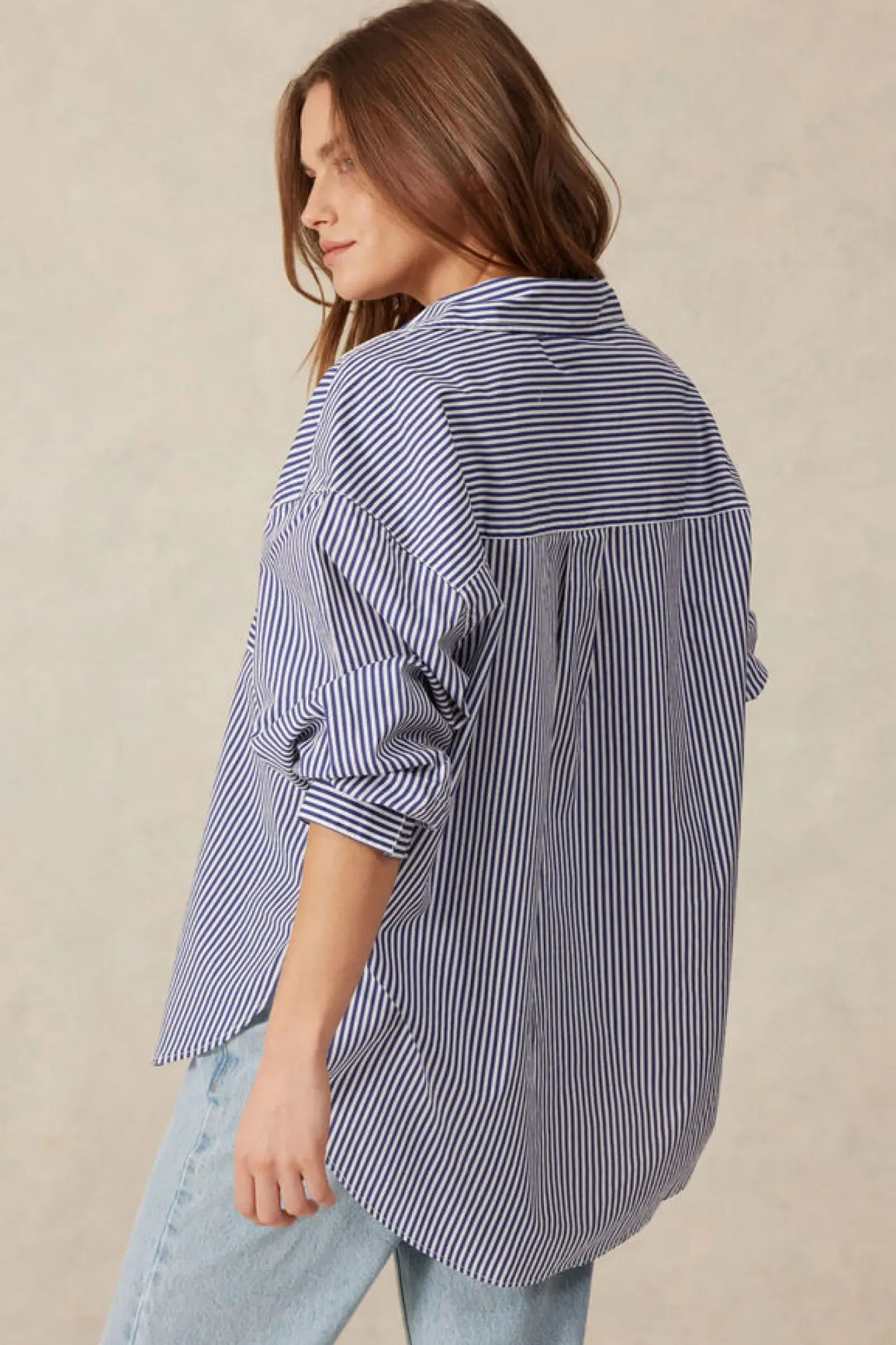 Women Ceres Life Oversized Organic Cotton Poplin Shirt - College Blue White Narrow Stripe