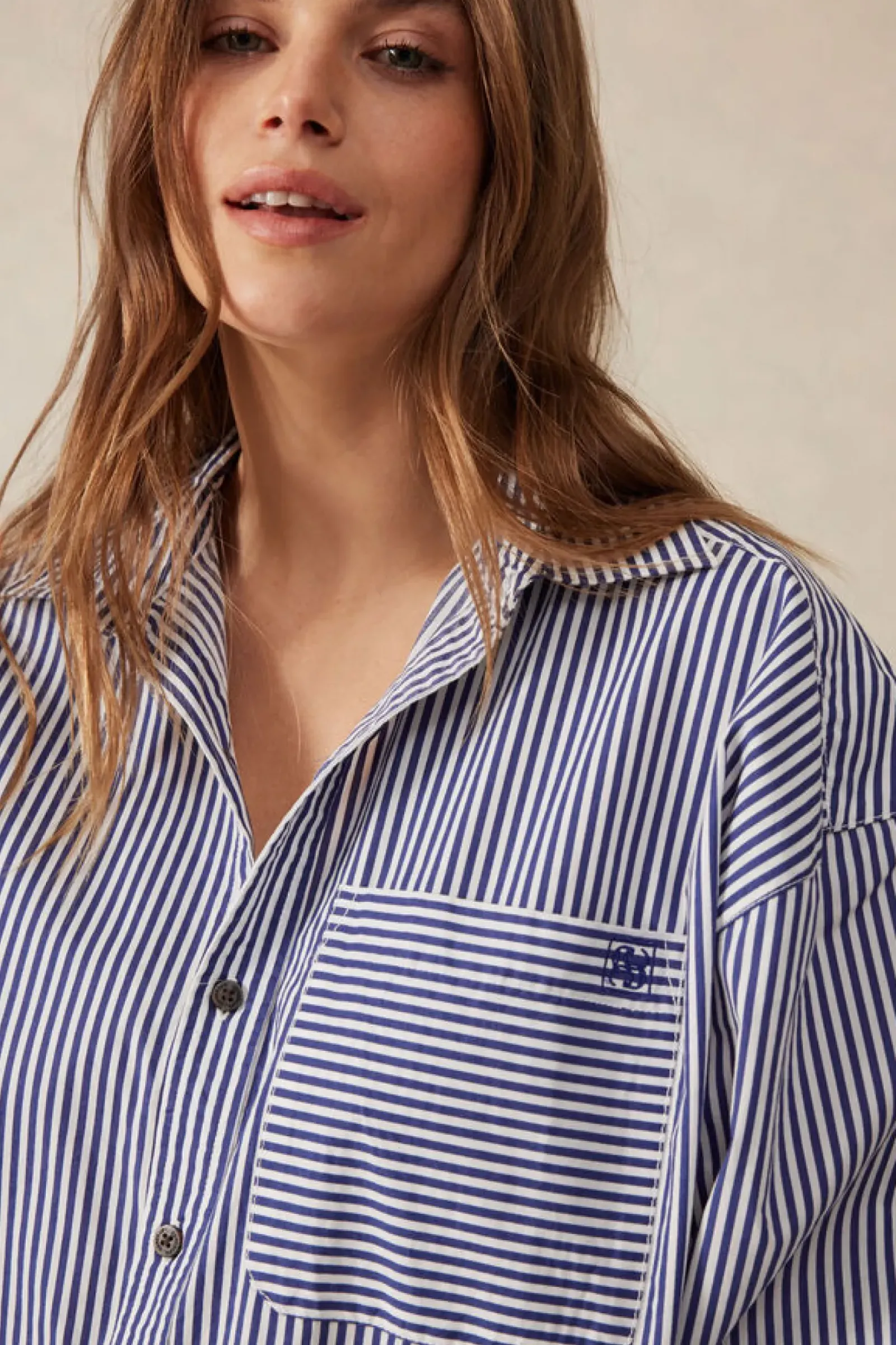 Women Ceres Life Oversized Organic Cotton Poplin Shirt - College Blue White Narrow Stripe