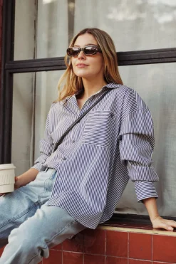 Women Ceres Life Oversized Organic Cotton Poplin Shirt - College Blue White Narrow Stripe
