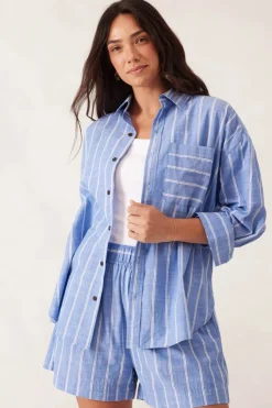 Women Ceres Life Oversized Poplin Shirt - Oxford Blue White Twin Stripe