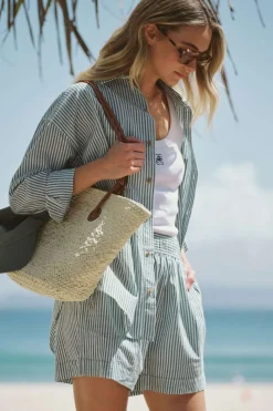 Women Ceres Life Oversized Poplin Shirt - Winter Green Bright White Stripe