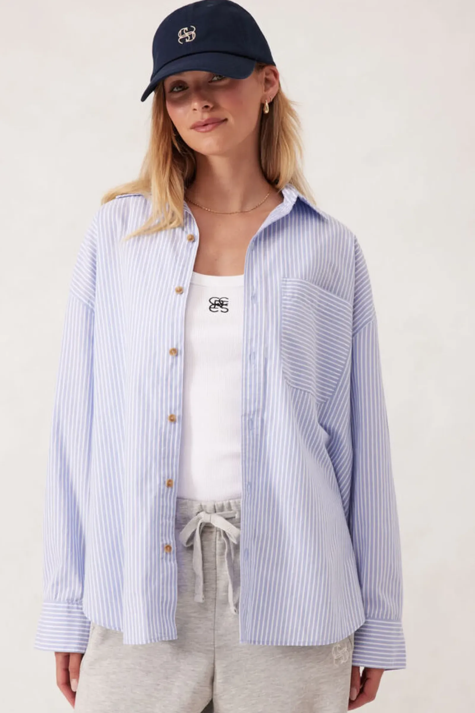 Women Ceres Life Oversized Poplin Shirt - White Heritage Blue Stripe