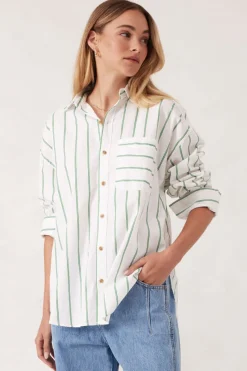 Women Ceres Life Oversized Poplin Shirt- Grass Fine Twin Stripe