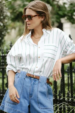 Women Ceres Life Oversized Poplin Shirt- Grass Fine Twin Stripe