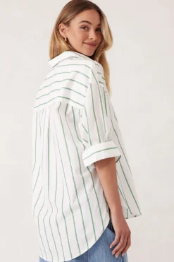 Women Ceres Life Oversized Poplin Shirt- Grass Fine Twin Stripe