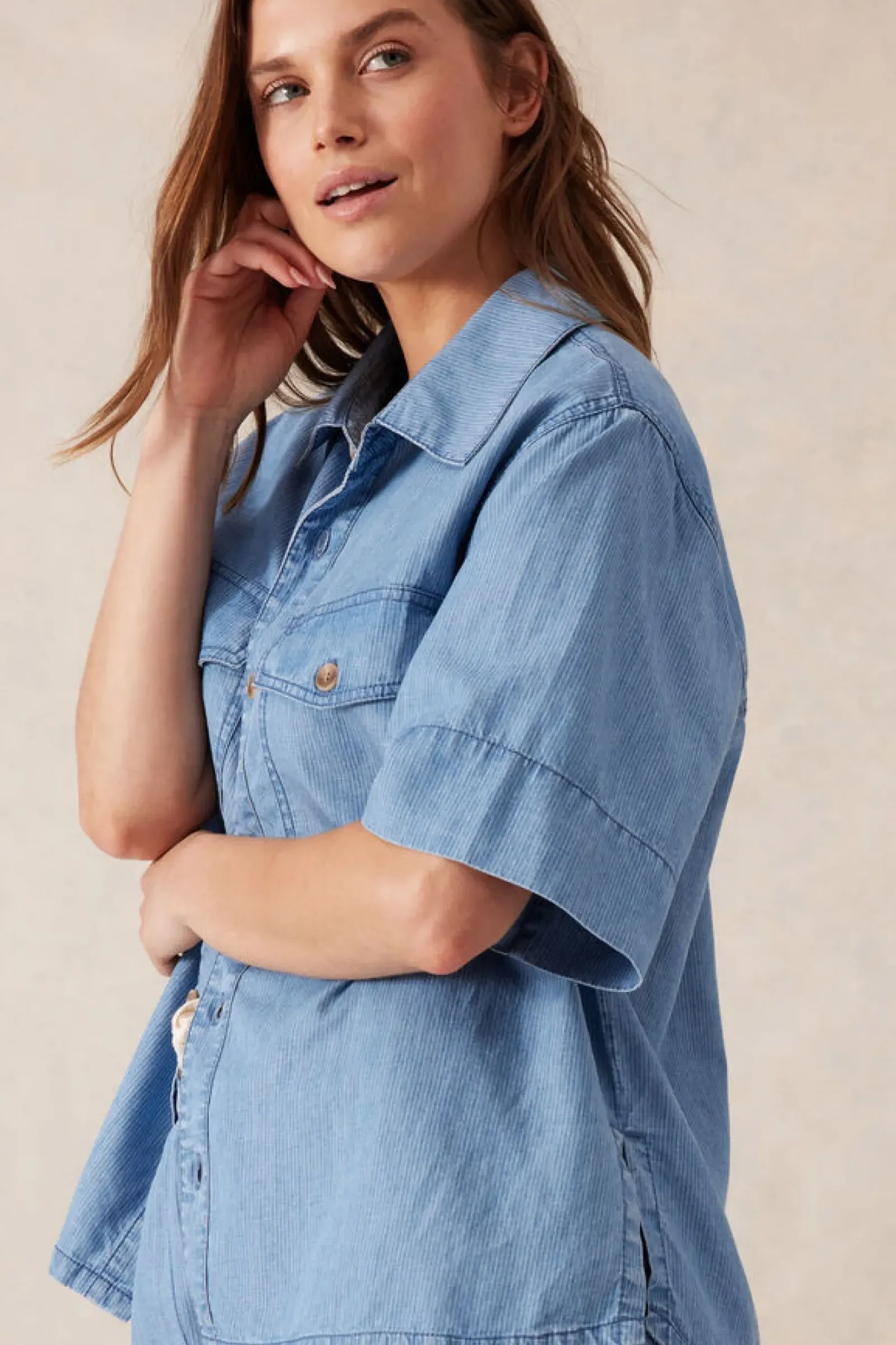 Women Ceres Life Relaxed Short Sleeve Shirt - Vintage Blue Pinstripe