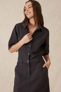 Women Ceres Life Short Sleeve Denim Midi Shirt Dress - Washed Black Twill