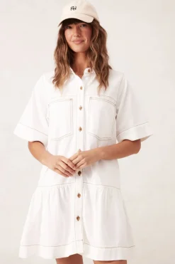 Women Ceres Life Short Sleeve Tiered Pocket Shirt Dress - Fresh Ecru